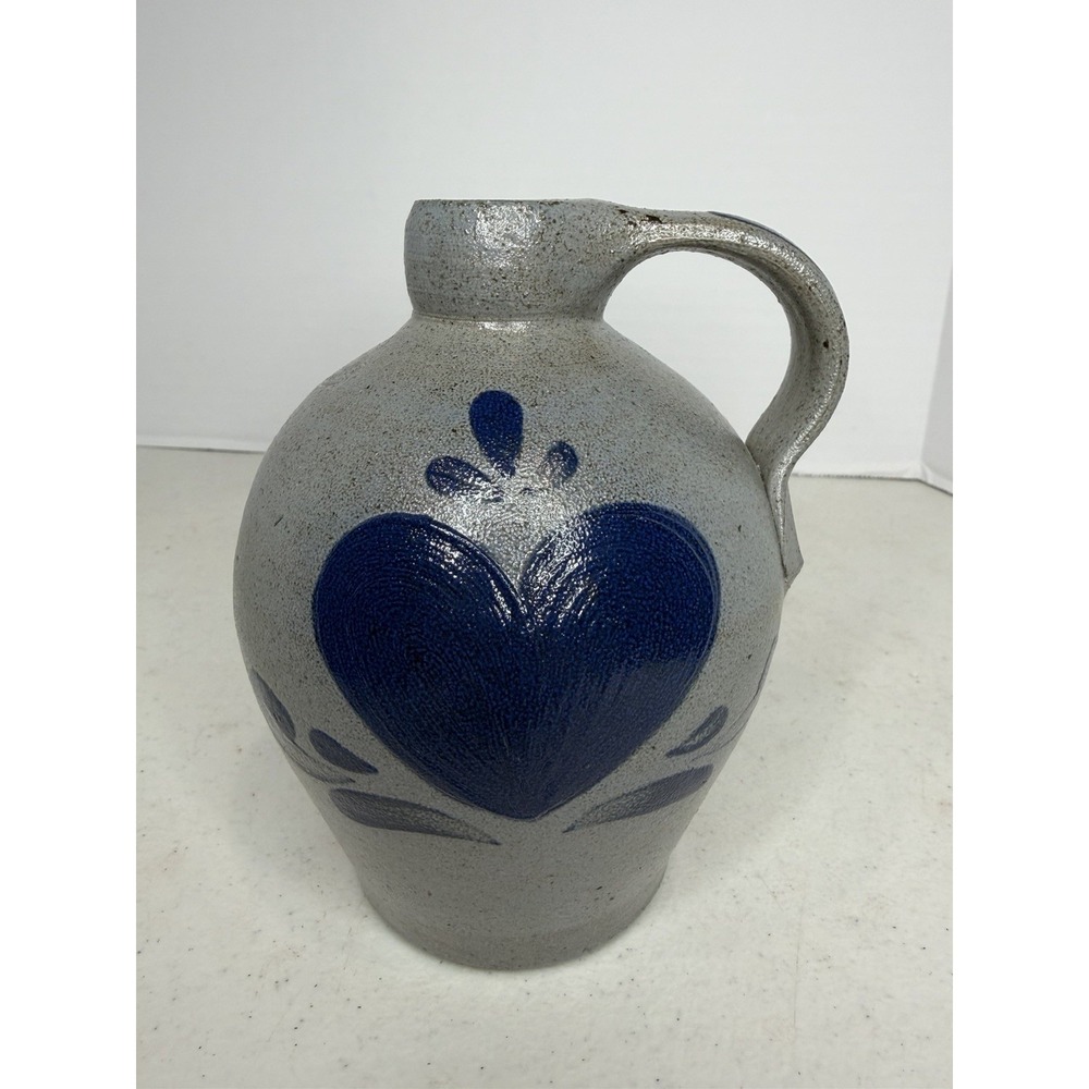 Vintage 1993 Rockdale Union Stoneware 5.5" Jug Cobalt Blue Heart Salt Glaze